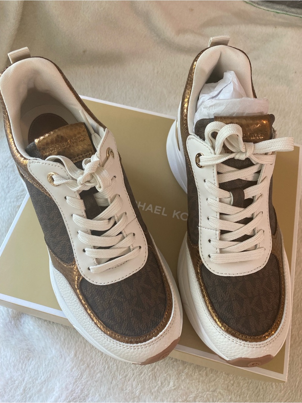 Michael Kors Katrina Wedge Trainer Sneakers Size 7 Brown Multi New in Box